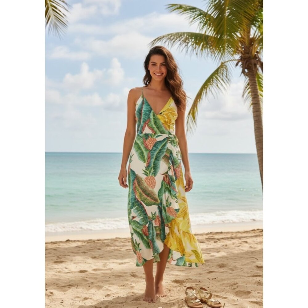 NWT Farm Rio Azalea Forest Wrap Midi in White Palm Pineapple Tank Dress M